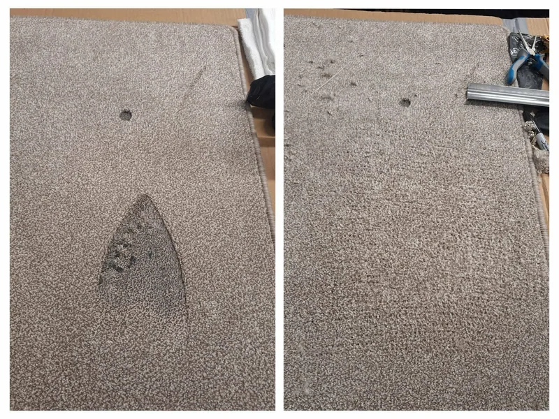 Iron burn on a beige carpet before and after an invisible patch repair