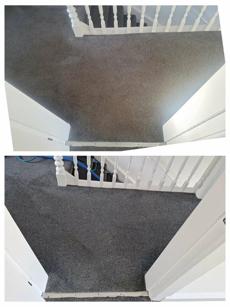 Grey stairs and landing carpet before and after professional cleaning in a Houghton-le-Spring home