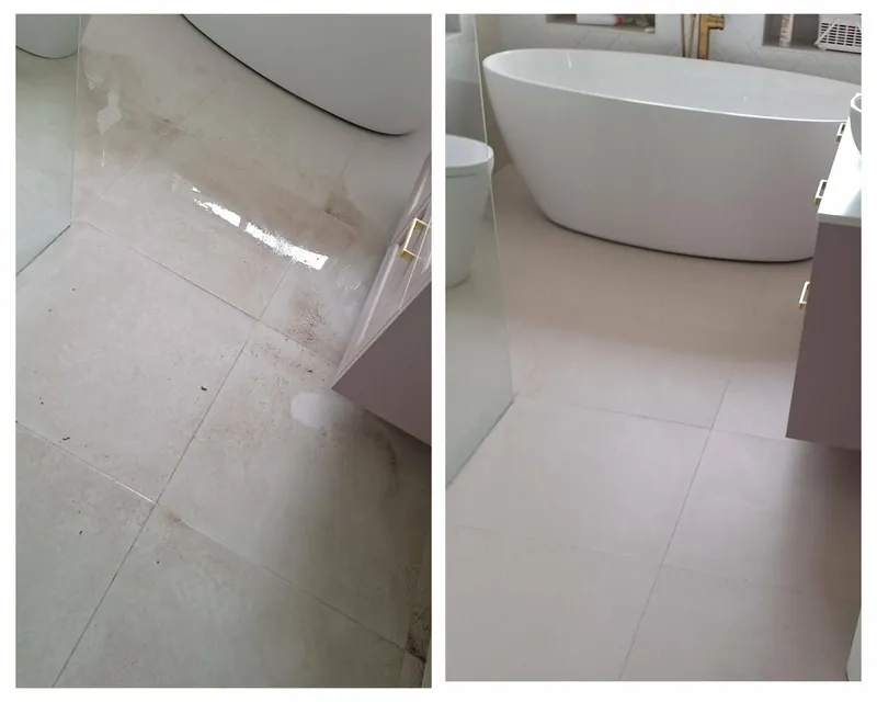 Bathroom floor tiles before (left) and after a hard floor clean, grout brought back to colour