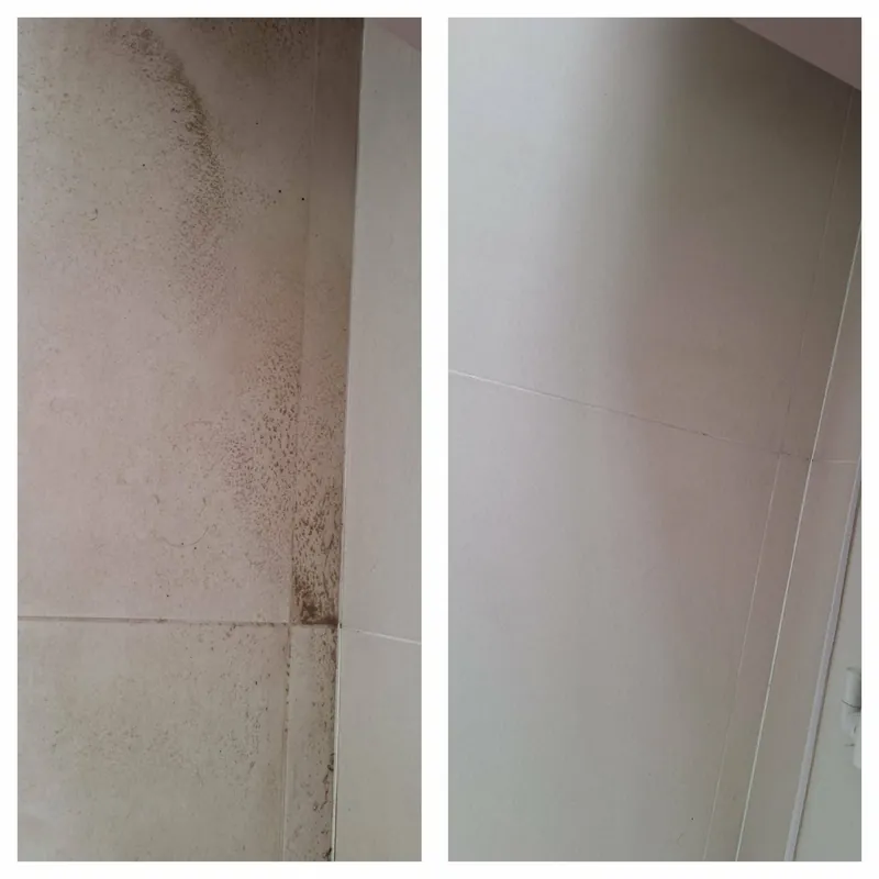 Tile and grout in a bathroom corner before (left) and after machine cleaning