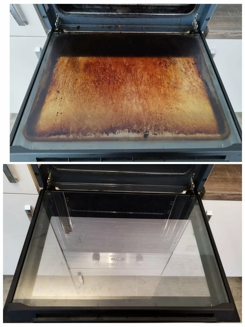 Oven door glass caked in burnt-on grease before and spotless after professional oven cleaning