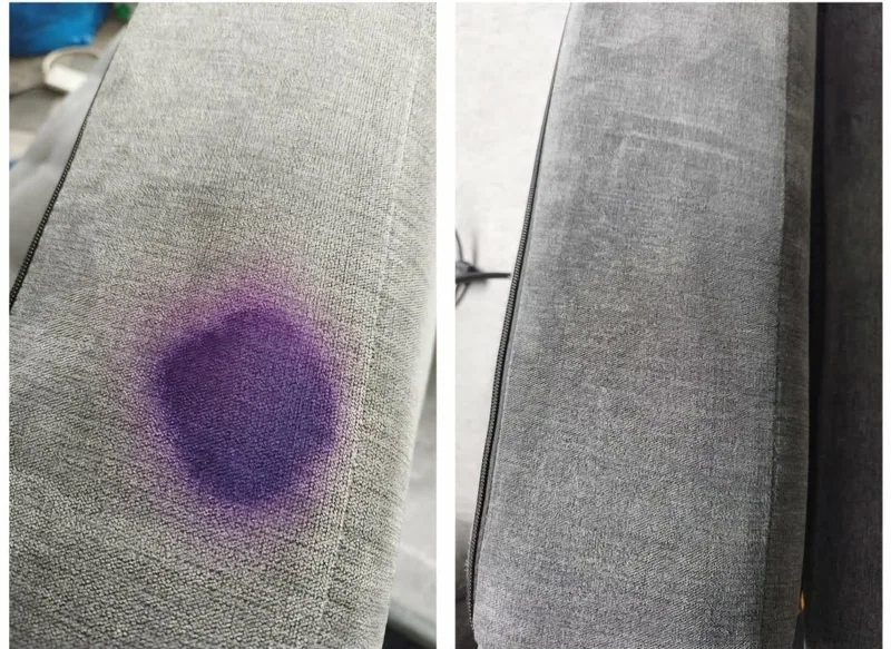 Purple ink stain on a grey fabric sofa arm before and after stain removal
