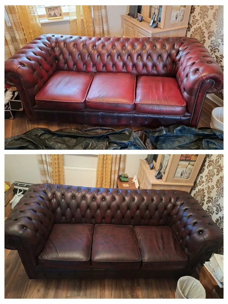 Oxblood leather Chesterfield sofa before and after cleaning and colour restoration