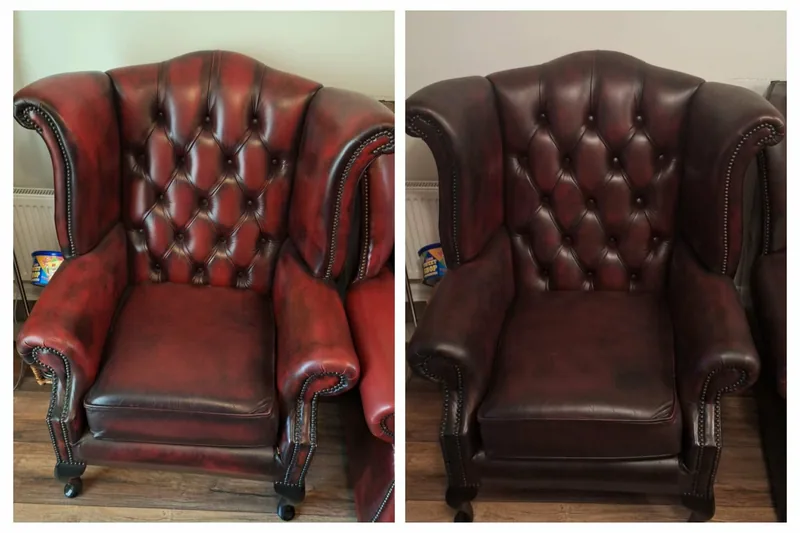 Faded leather Chesterfield wing armchair before and after leather restoration, Sunderland
