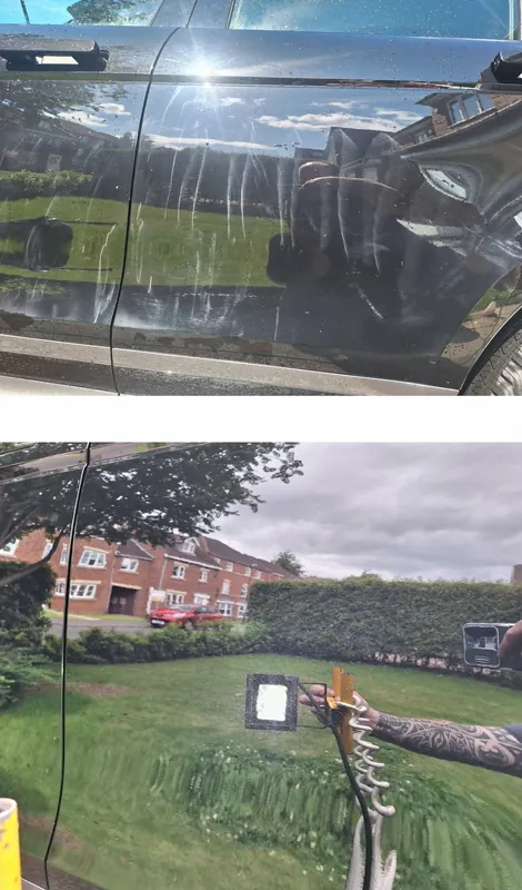 Black car door with scratches before (top) and after paint correction, checked under a lamp