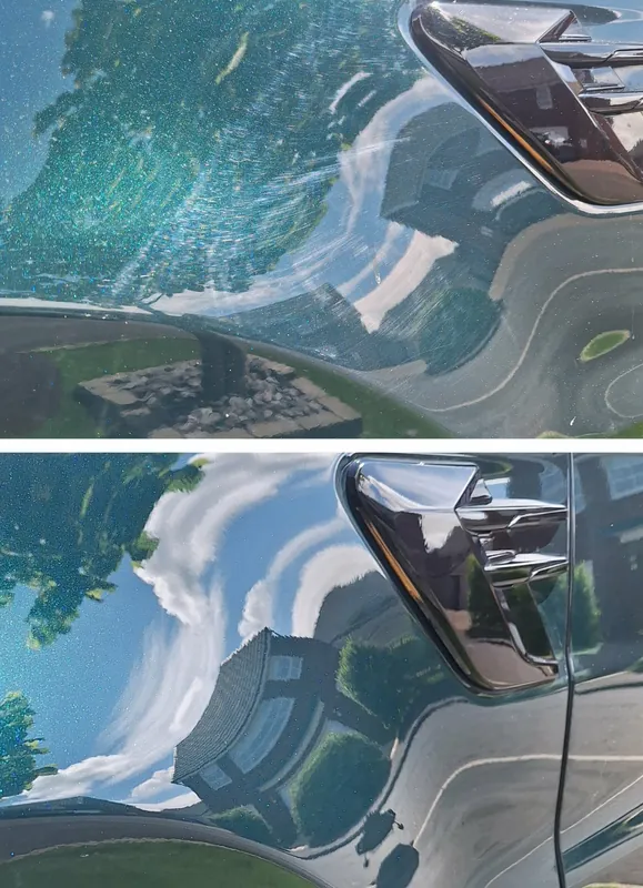 Green metallic car paintwork with swirl marks before (top) and after machine polishing